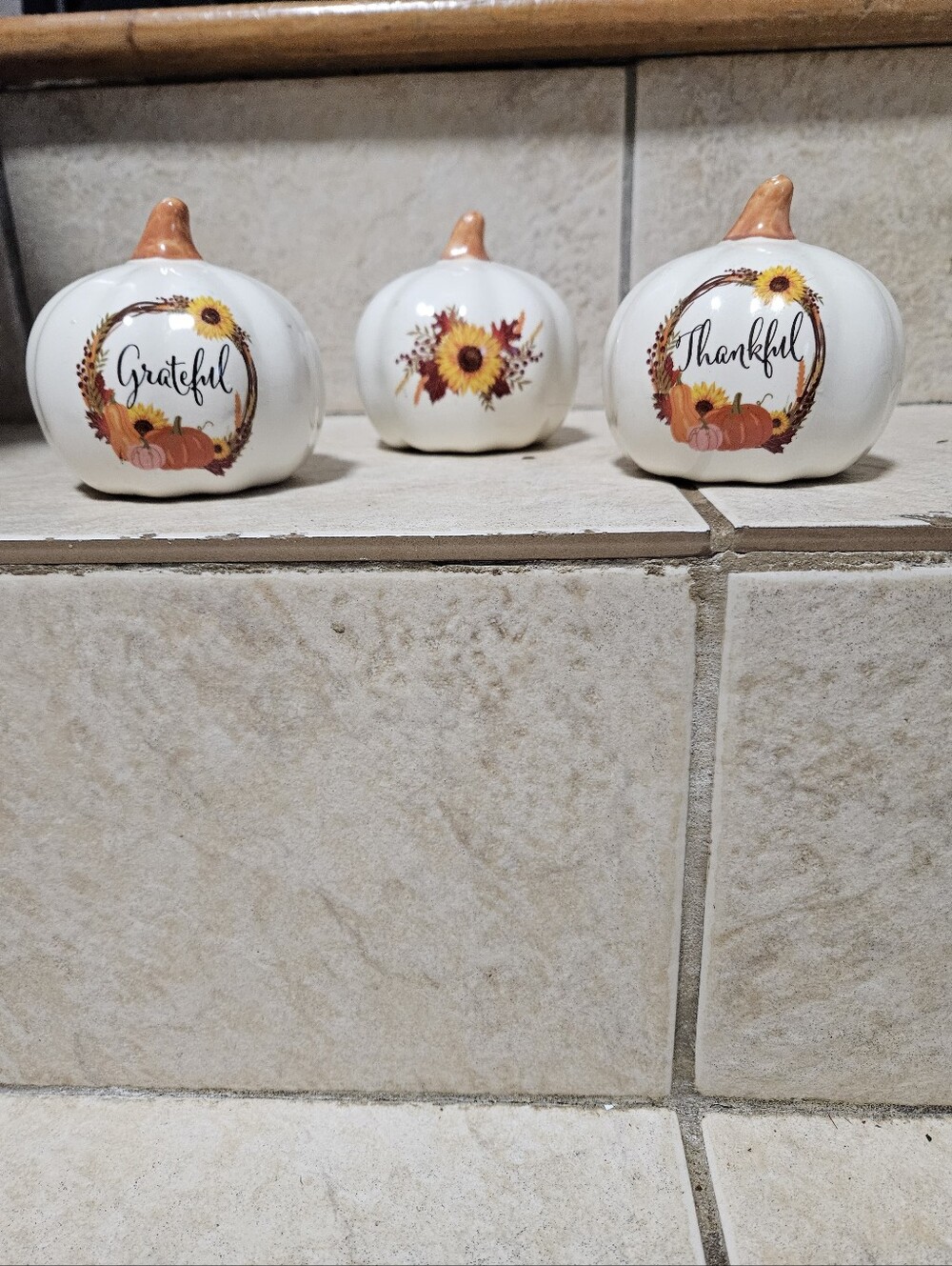 Set of 3 ceramic pumpkins with sunflower and fall leaf designs #autumn #cottagec